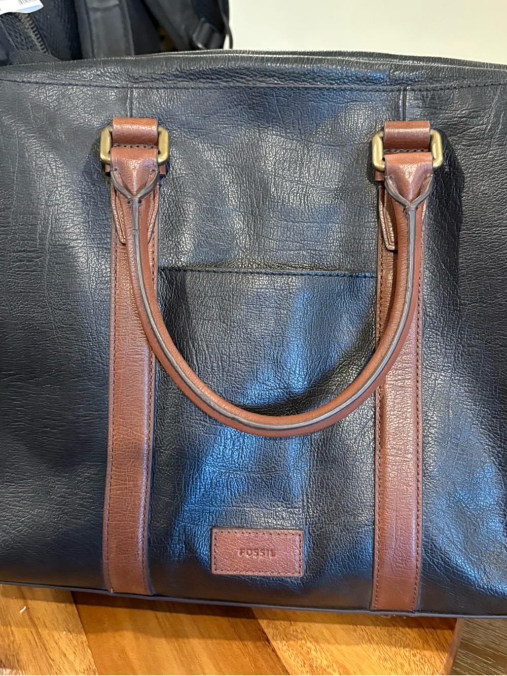 Fossil Evans Black Leather Brief Tote with Brown Trim and Handles